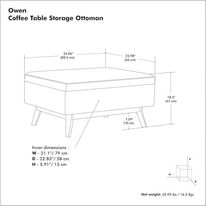 SIMPLIHOME Owen 34 inch Wide Mid Century Modern Rectangle Coffee Table Storage Ottoman in Distressed Black Vegan Faux Leather, Assembled, for the Living Room, Entryway and Family Room