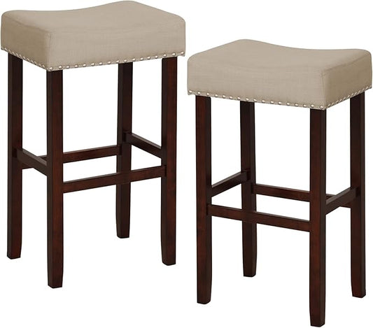 COSTWAY Counter Height Bar Stools Set of 2, 29.5-inch Backless Saddle Stools with Nailhead Trim, Footrest, Max Load 330 Lbs, Upholstered Barstools for Kitchen Island Pub, Beige