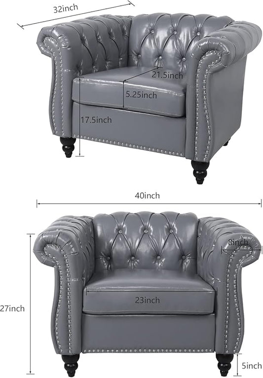 Living Room Chair, Modern Leather Chesterfield Sofa Chair, Mid Century Single Sofa Couch Chair with Tufted Back and Rolled Arms, Accent Sofa Chair for Living Room Apartment, Grey