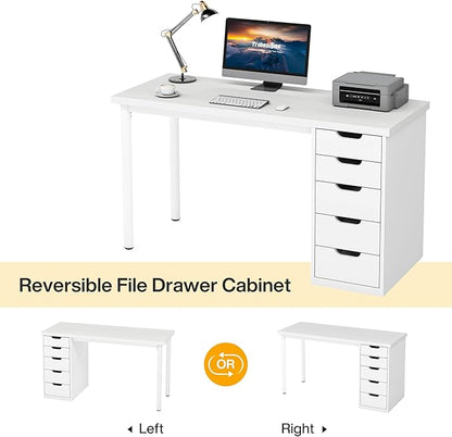 Tribesigns Computer Desk with 5 Drawers, 47 inches Rustic Brown Home Office Desk with Storage, Modern Simple Laptop Desk Study Writing Table for Small Spaces (1, White)