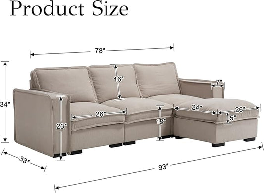 EALSON 93" Modular Sectional Sofa Comfy Cloud Couch with Ottoman Modern Convertible L Shape Couches with Wooden Legs Linen Deep Seat Couch 4-Seater Sofa for Living Room/Apartment, Oatmeal