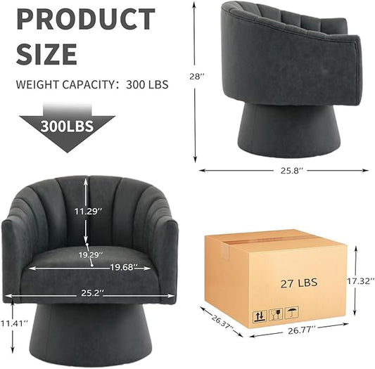 Swivel Accent Chair, Faux Leather 360° Swivel Barrel Chair Upholstered Modern Living Room Chair, Overstuffed Reading Armchair for Bedroom,Vanity,Office-Black