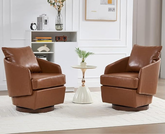 CIMOTA PU Leather Swivel Accent Chairs Set of 2, Modern Barrel Armchairs with 360° Swivel Base and Pillow, Upholstered Club Chairs for Living Room/Reading/Office, Brown