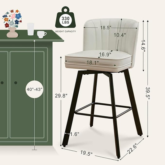 Swivel Counter Height Bar Stools Set of 3, 30'' Modern Barstools with Backs and Metal Legs, Upholstered Bar Chairs, Faux Leather White Stools for Kitchen Island Chairs