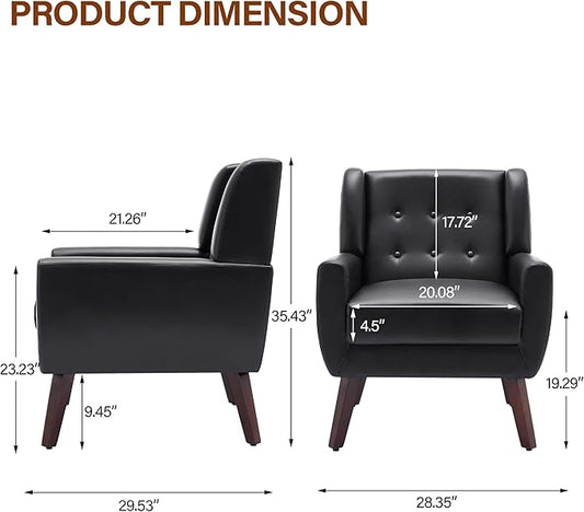 Accent Chair, Modern Faux Leather Armchair for Living Room, Comfy Upholstered Arm Chair Tufted for Indoor Bedroom Office Room (P Black)