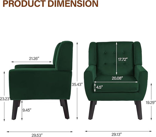 Lumibee Accent Chairs Set of 2, Velevet Fabric Armchairs for Living Room, Comfy Upholstered Arm Chairs Tufted for Indoor Bedroom Office Room (Retro Green Velvet)