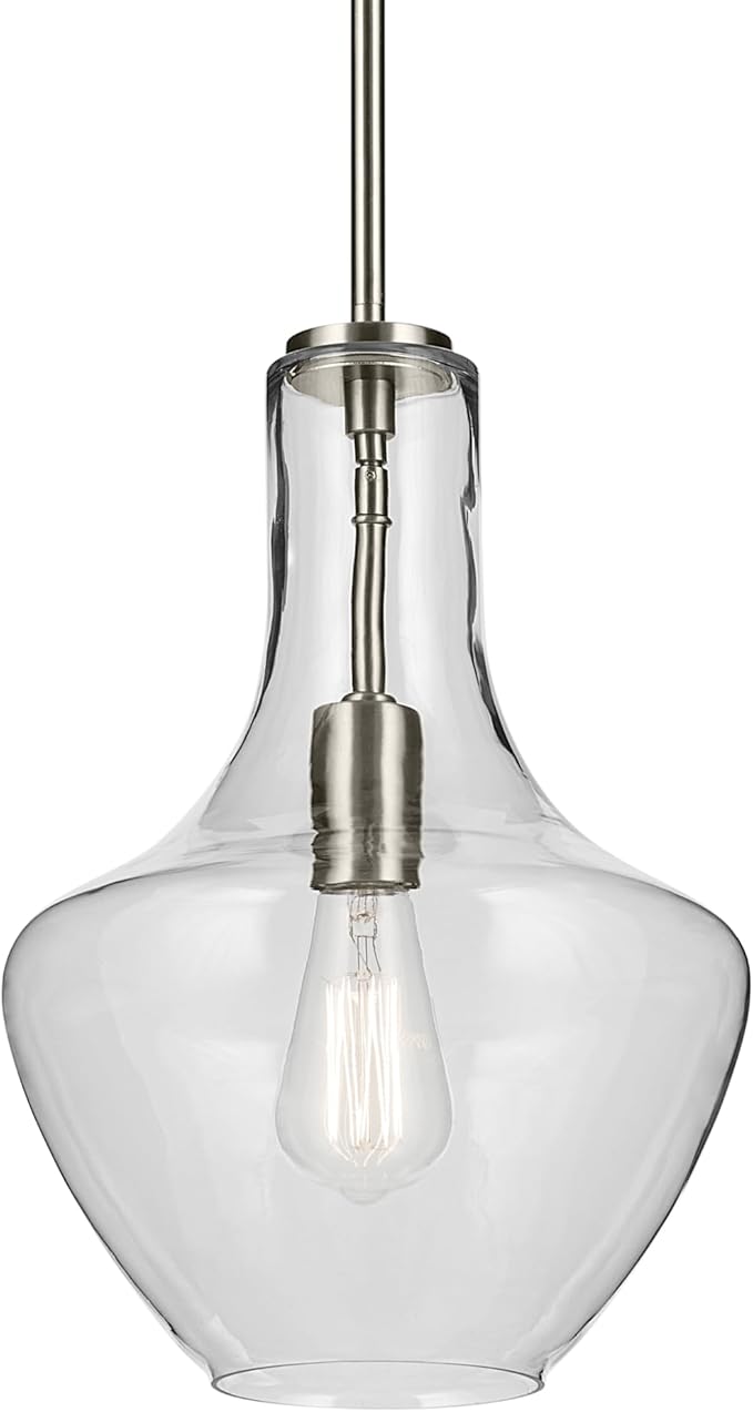 Kichler Everly 15.25" Kitchen Bell Pendant in Brushed Nickel, 1-Light Clear Seeded Glass Pendant Light, (15.25" H x 10.5" W), 42141NICS