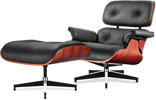 Top Black Grain Leather, Mid Century Chaise Lounge Chair and Ottoman, Modern Chair Classic Design, Red Rosewood, Heavy Duty Base Support for Living Room Office