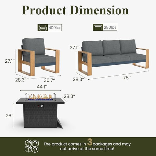LayinSun 4 Pieces Aluminum Patio Furniture Set with Fire Pit Table, Oversized Seat with Hight Back, Outdoor Conversation Sets for Porch, Balcony, Deck