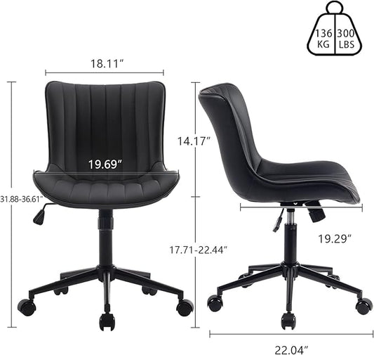 YOUNIKE Black Compact Home Office Desk Chair with Wheels Comfy Armless Cute Vanity Chair with Adjustable Rocking Back Modern Leather Upholstered Rolling Swivel Small Task Drafting Sewing Chair