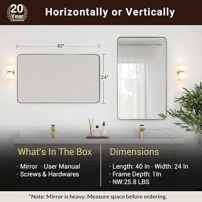 ANDY STAR Brushed Nickel Bathroom Mirror, 24”x40” Rounded Corner Rectangle Mirror, Modern Metal Frame Bathroom Vanity Mirror