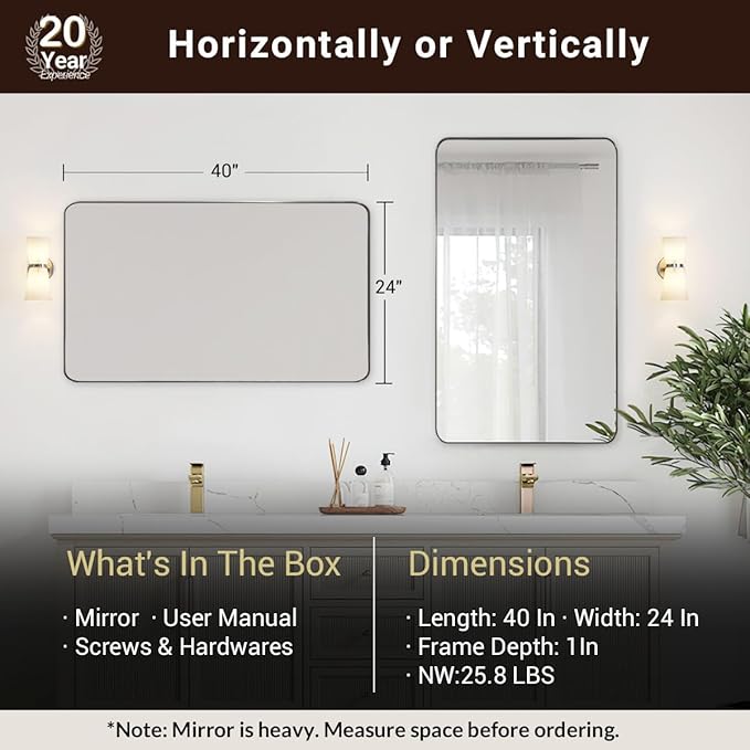 ANDY STAR Chrome Bathroom Mirror, 24”x40” Polished Nickel Rounded Corner Rectangle Mirror, Modern Metal Frame Bathroom Vanity Mirror