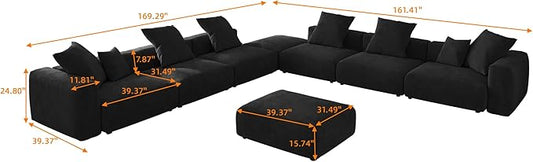Oversized Modular Sectional Sofa with Ottomans,8 Seater Corduroy V Shaped Reversible Corner Couch,181.73" Convertible Sofa & Couch Free Combination for Living Rooom,Black