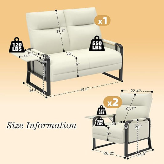 Faux Leather Sectional Couches for Living Room 3 Piece Loveseat and Chair Set with Flip Up Tray Tables Side Pockets Modern Modular Sectional Sofa for Office (2-Seat+1-Seat+1-Seat, Beige)