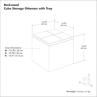 SIMPLIHOME Rockwood 18 inch Wide Contemporary Square Cube Storage Ottoman with Tray in Slate Grey Linen Look Fabric, Assembled, For the Living Room, Entryway and Family Room