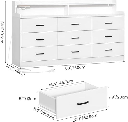 Bigbiglife 9 Drawer Dresser with Built in Power Outlet and LED Light, Modern Chest of Drawers for Bedroom, Triple Wide Drawer Organizer Cabinet for Living Room, Entryway, Hallway, Antique White