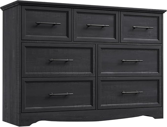 Black Farmhouse Dresser for Bedroom, Modern 7 Chest of Drawers, 47" Wide Chest of Drawers w/Brushed Metal Handle, Wood Dresser TV Stand and Storage Cabinet for Bedroom, Living Room, Hallway
