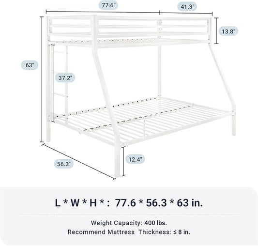 Allewie Metal Bunk Bed Twin Over Full Size for Junior & Adults with Ladder and Heavy Duty Guardrail, Small Space Saving Design for Bedroom Kid Room and Dorm, White