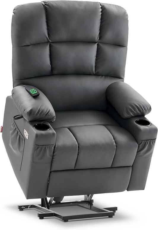 MCombo Medium Lay Flat Dual Motor Power Lift Recliner Chair Sofa with Massage and Heat for Elderly People, Infinite Position, Faux Leather 7679 (Dark Grey, Medium)