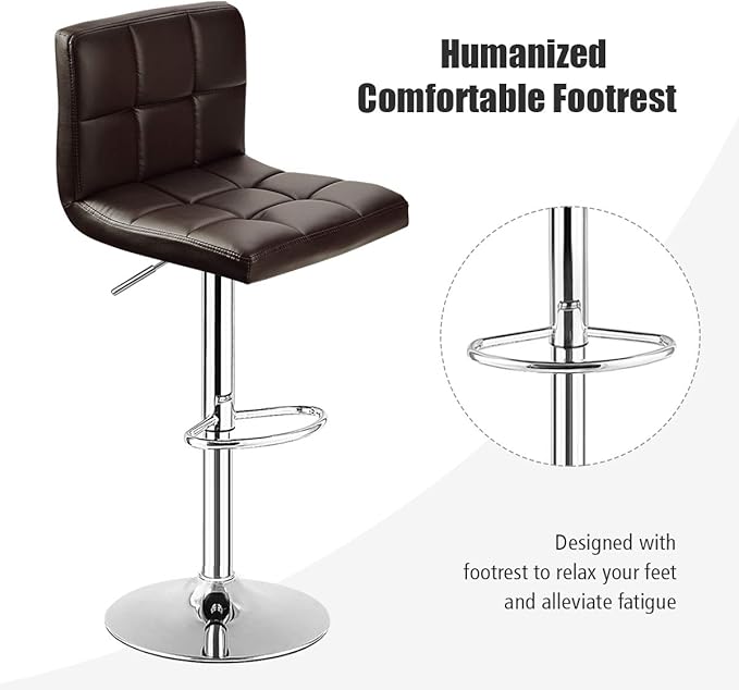 COSTWAY Adjustable Height PU Leather Barstools Set of 2, Brown