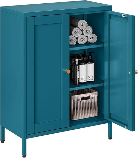 Bathroom Floor Storage Cabinet,Metal Storage Sideboard with 2 Doors and 2 Adjustable Shelves,Modern Small Storage Cabinets, Blue Metal Locker for Entryway,Living Room,Hallway