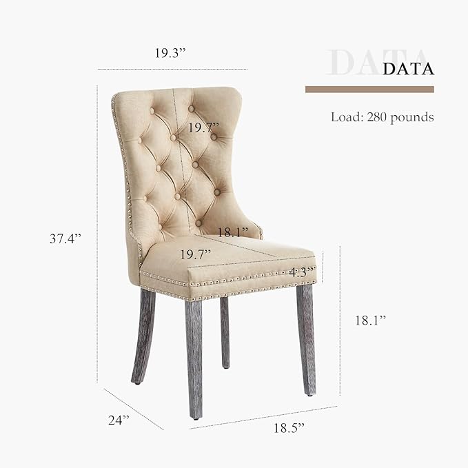 Leather Dining Chair Set of 4, Dining Room Chairs with Nailhead Ring Pull Trim, Upholstered Dining Chairs with Solid Wood Legs for Kitchen Dining Room (Beige)