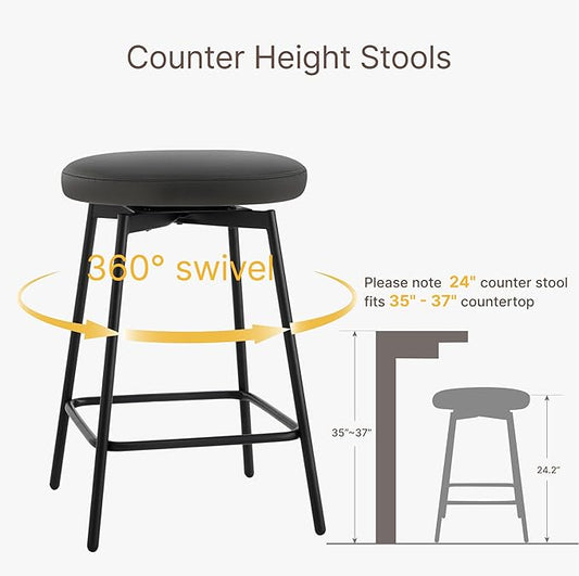 Swivel Bar Stools Set of 2, 24" Counter Height Bar Stool, Backless Barstools with Faux Leather Upholstered Seat&Sturdy Wood Legs for Kitchen Island, Black
