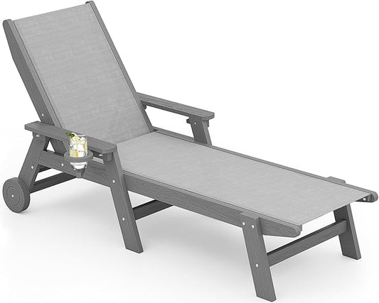 SERWALL Patio Chaise Lounge Chair, 5 Positions Outdoor Lounger for Pool, Textilene Lounge Chair with Rolling Wheels for Poolside, Deck, Grey