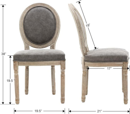 Farmhouse Leather Dining Room Chairs Set of 2 French Dining Chairs with Round Back, Wood Legs, French Bistro Chairs for Dining Room/Living Room/Kitchen/Restaurant, Grey