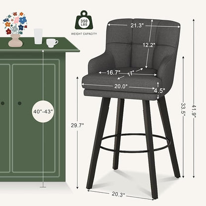 360°Swivel Counter Height Bar Stools with Back, 30 inch Solid Wood Legs, Bar Stool Modern Kitchen Island Chairs, Fabric (Black Grey- Fabric, 30" H- Set of 4)