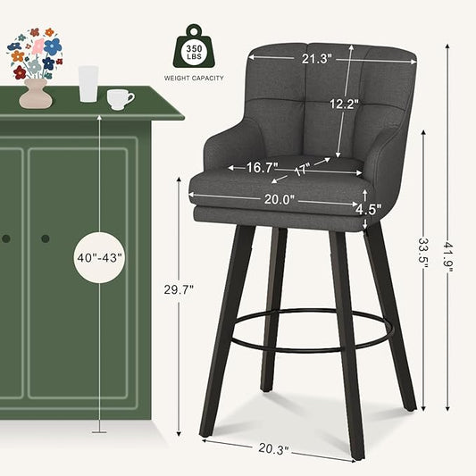 360°Swivel Counter Height Bar Stools with Back, 30 inch Solid Wood Legs, Bar Stool Modern Kitchen Island Chairs, Fabric (Black Grey- Fabric, 30" H- Set of 3)