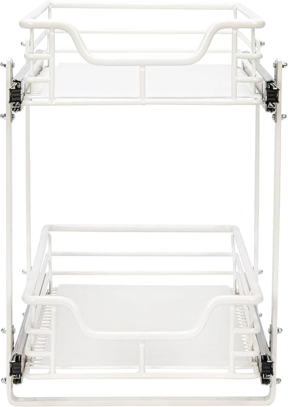 Household Essentials Glidez Multipurpose Powder-Coated Steel Pull-Out/Slide-Out Storage Organizer with Plastic Liners 2-Tier Dual-Slide Design, White