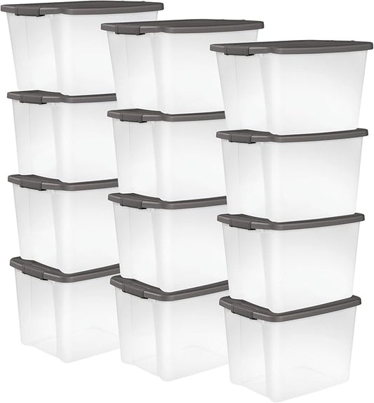 Sterilite 12-Pack 50 Quart ShelfTote, Clear Plastic Storage Organizer Bins with Gray Lids – Stackable Home and Office Containers for Closet or Shelves