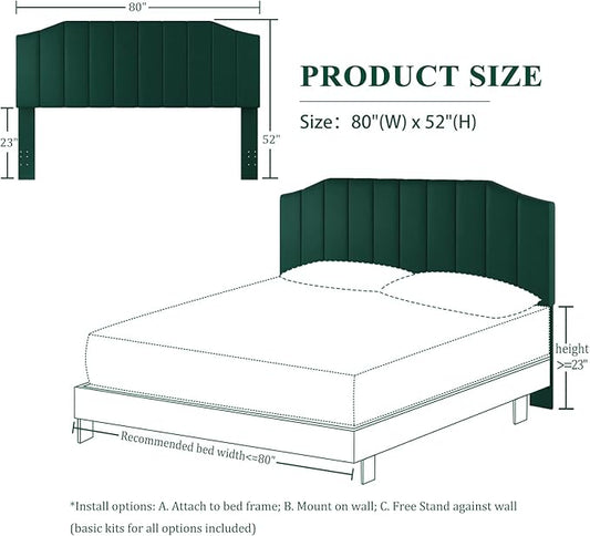 King Size Headboard Only, Velvet Upholstered Headboard King/California King Size Wall Mount and Bed Frame Mount, Featuring High-Density Sponge Padding Easy Assembly Comfort Style-Jade Green