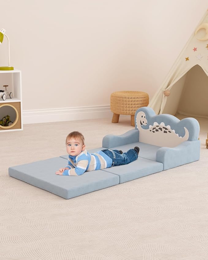 YACODAVO 2-in-1 Kids Couch Fold Out, Convertible Toddler Couch to Lounger, Toddler Chair Comfy, Kids Sofa for Girls and Boys, Gift for Birthday, Children's Day, Dinosaur Blue