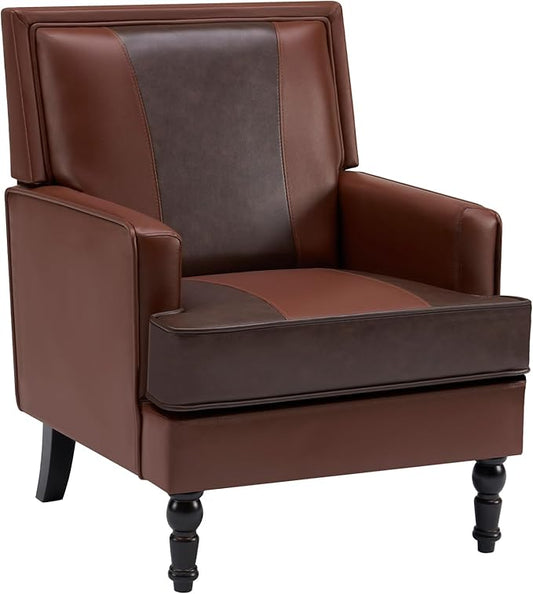 MOJAY Mid-Century Modern Accent Chairs, PU Leather Upholstered Lounge Armchair, Comfy Club Chair for Living Room, Bedroom, Home Office & Study (Brown)