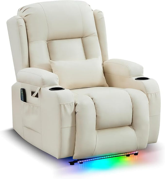 URRED Power Recliner Chair with Massage and Heat for Adults, Electric Reclining Sofa Home Theater Seating with Ambient Light, USB Ports, Cup Holders, Side Pockets, Pillow, Faux Leather (Beige)