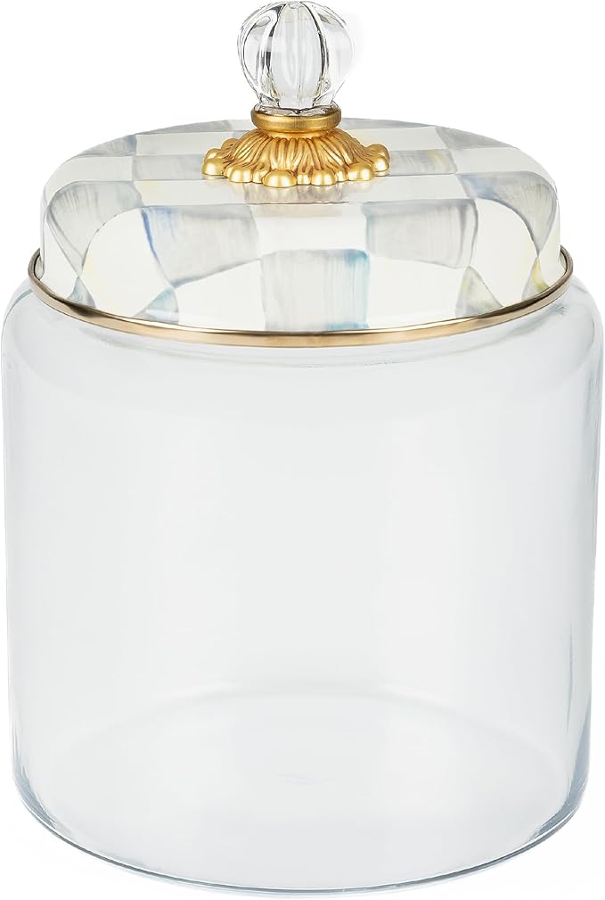 MACKENZIE-CHILDS Sterling Check Kitchen Canister, Decorative Gray-and-White Glass Storage Jar with Lid, Large