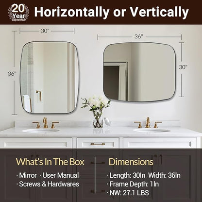 ANDY STAR Brushed Nickel Bathroom Mirror, 30x36’’ Oblong Mirror with Stainless Steel Metal Frame, Silver Oval Vanity Mirror for Over Sink, Modern Anti Rust Wall Mounted