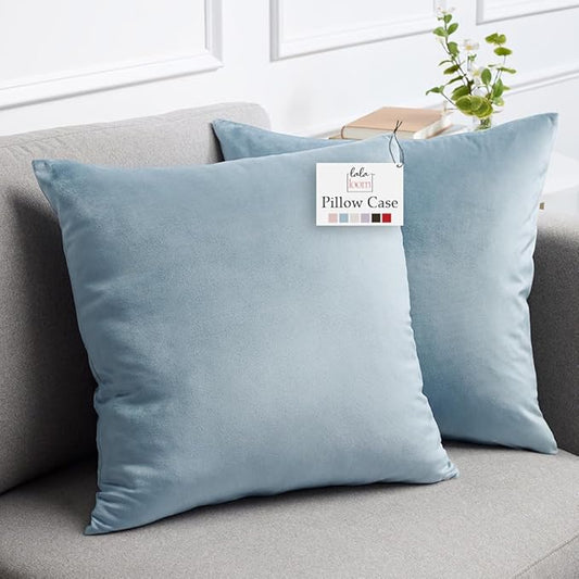 lalaLOOM Velvet Throw Pillow Covers, Set of 2, 18x18 Decorative Square Pillows Home Decor, Soft Accent Cases, Silky Machine Washable Pillowcases for Sofa, Couch, Bedroom, Living Room, Light Blue