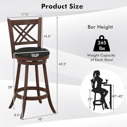 COSTWAY Bar Stool Set of 2 for Kitchen Island, Swivel Upholstered Bar Height Barstools with PU Surface, Rubber Wood Frame, 360° Rotatable Seat, Curved Back, Sturdy Footrest (2, 29" Seat Height)