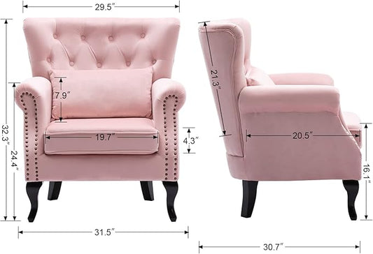 Mid Century Modern Accent Chair Upholstered Armchair Comfy Velvet Fabric Single Sofa with Tufted Wingback for Small Spaces Bedroom Living Room, Pink