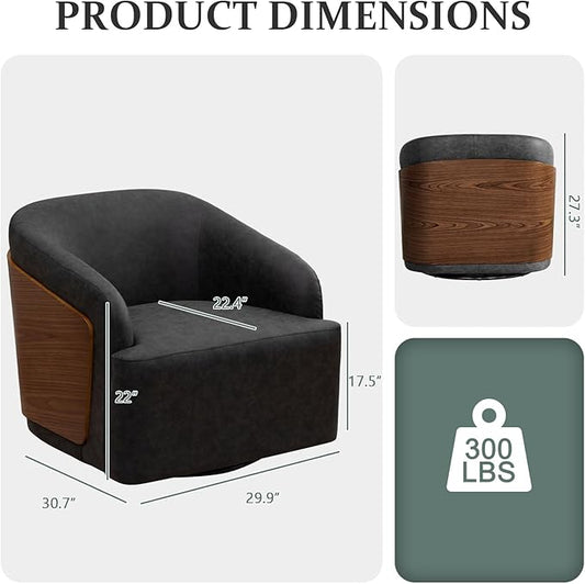 Swivel Accent Chair Faux Leather Swivel Barrel Chair Comfortable Mid Century Modern Chair Upholstered Metal Base Armchair for Living Room Bedroom Office Large Vintage Black