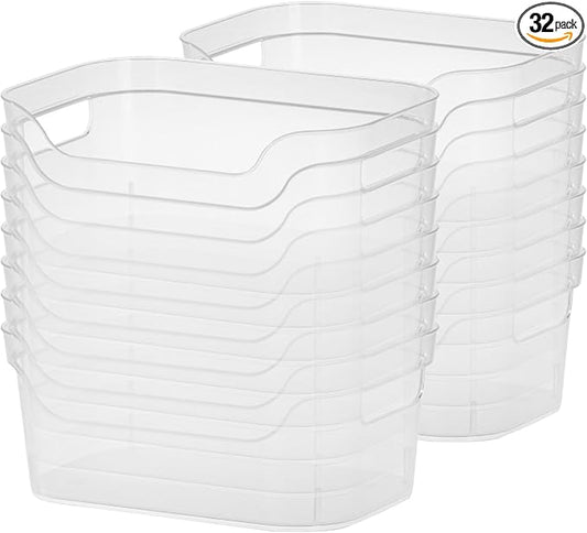 Sterilite 9.5 x 6.5 x 4 Inch Small Open Scoop Front Clear Storage Bin with Comfortable Carry Through Handles for Household Organization (32 Pack)