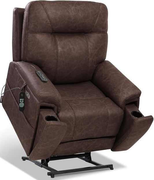 EONIX Triple Motor Lay Flat Power Lift Recliner Chair for Elderly, 400lbs Large Electirc Lift Chair for Living Room, Independent Adjustable Lumbar, Extended Footrest, Hidden Cup Holders, Dark Brown
