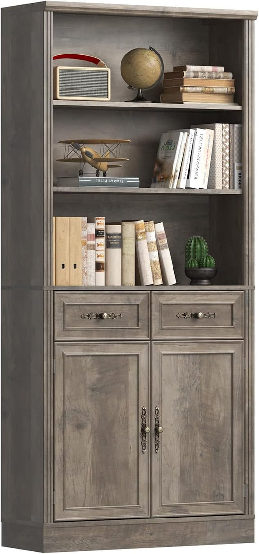 72'' Tall Bookcase with Doors and Drawers, Adjustable Shelves, P2 MDF Construction, 32'' Wide Freestanding Cabinet with Metal Handles, Hidden Storage for Living Room, Bedroom, Grey