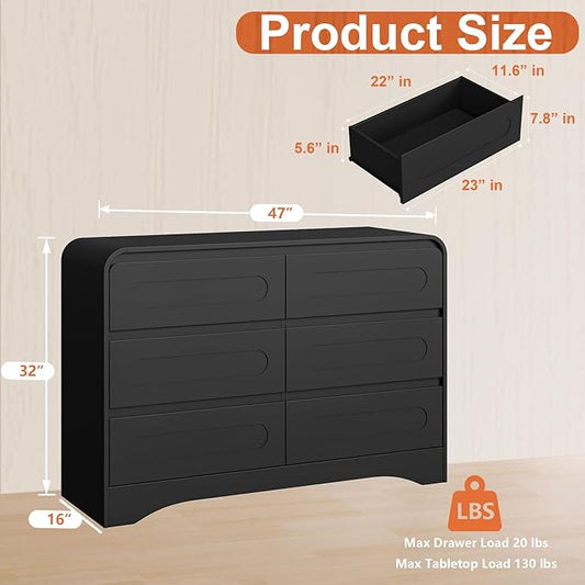 6 Drawer Dresser with Extendable Table, L-Shaped Desk & Vanity Combo, 47" Wood Dresser & Chest of Drawers, Modern Closet Clothes Storage Dressers Organizer for Bedroom Living Room Hallway, Black