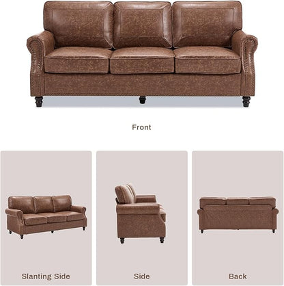 Kingfun Mid-Century Modern Couch, Faux Leather Sofa, 3 Seater Couch for Living Room with Rolled arms & Nailhead Trim, Dark Brown