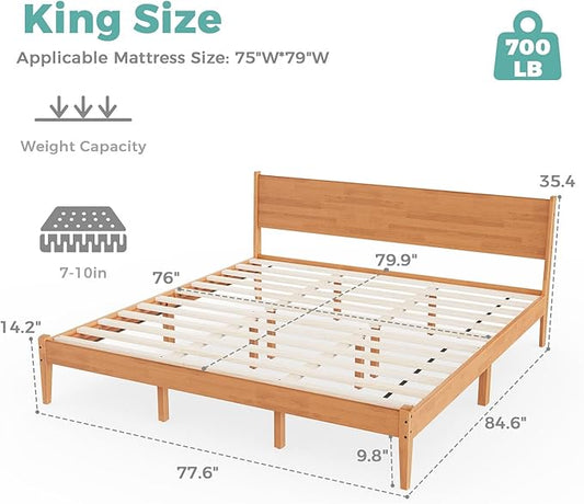 King Size Bed Frame and Headboard, Malaysian Oak King Bed Frame with Storage, Modern Platform Bed Frame with Headboard, No Box Spring Needed, Easy Assembly, Rustic Pine