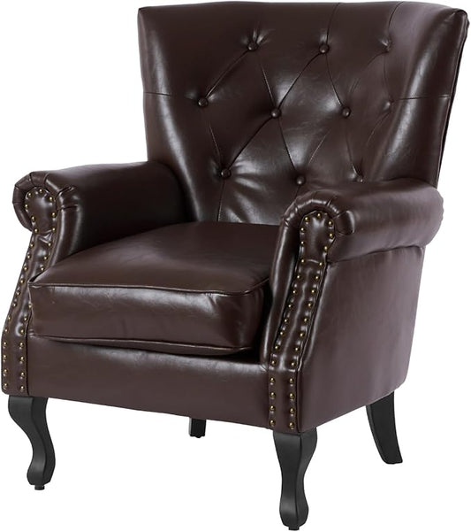 Modern Faux Leather Accent Chair, Upholstered Mid-Century Armchair with Solid Wood Legs, Single Sofa Chair for Living Room, Bedroom, or Reading Room（Caramel）